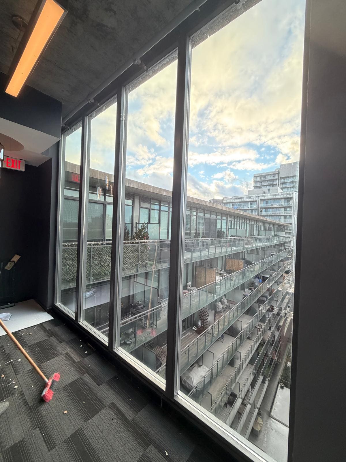 Glass along a commercial corridor window wall