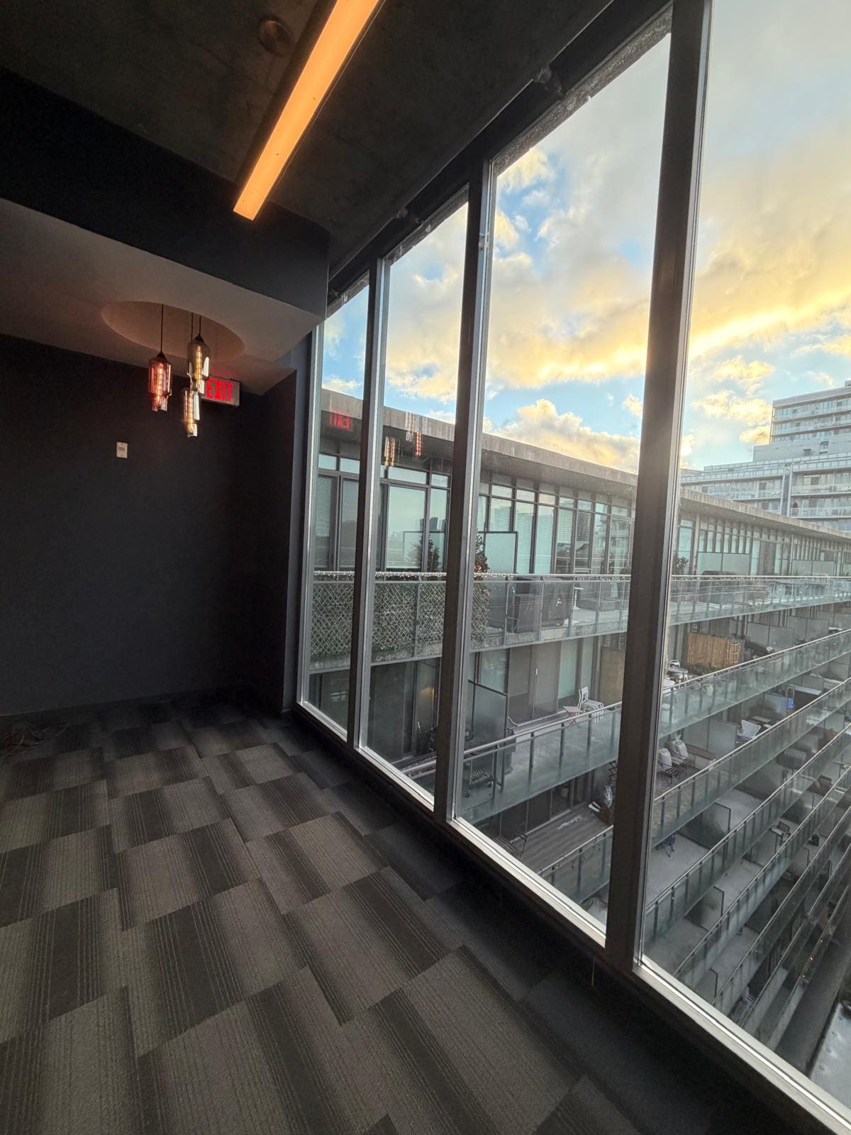 Glass along a commercial corridor window wall
