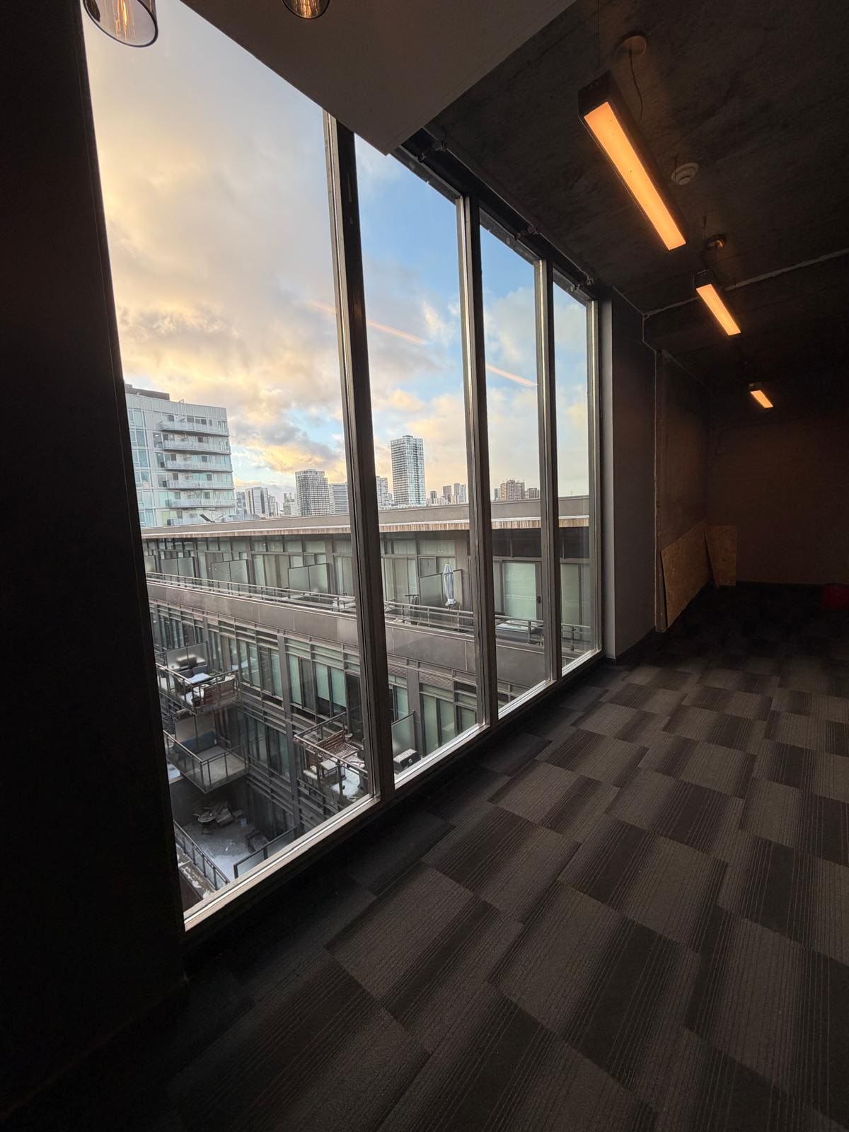 Glass along a commercial corridor window wall