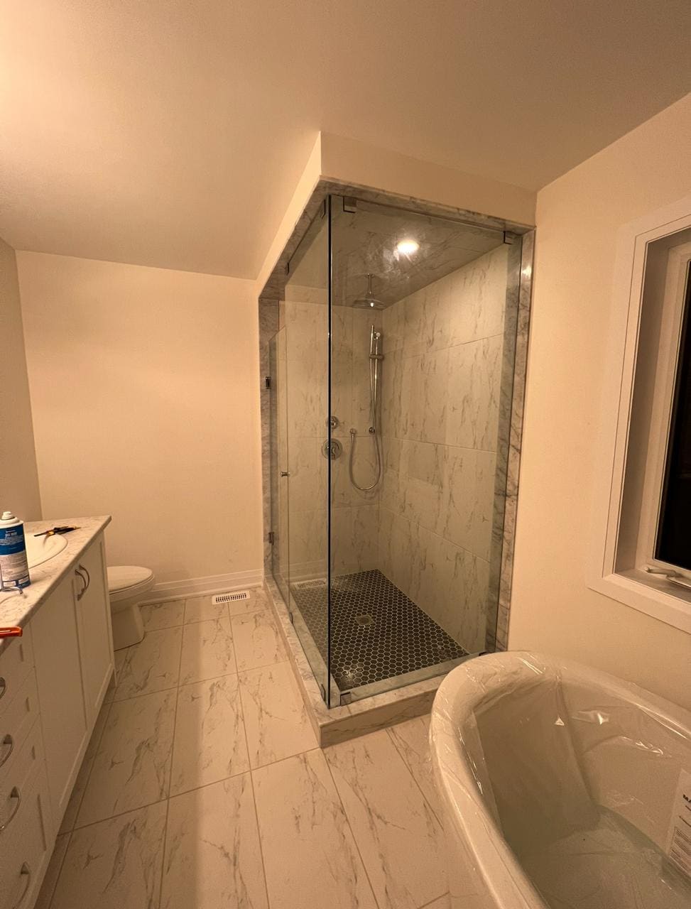Glass corner shower next to a freestanding tub